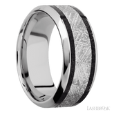 9 mm wide/High Bevel/Cobalt Chrome band featuring inlays of Dinosaur Bone Black and Meteorite